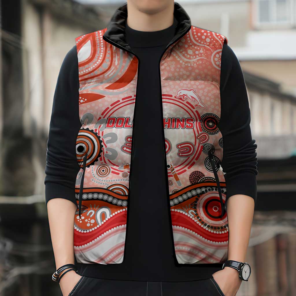 Dolphins Rugby Sleeveless Puffer Jacket Australian Aboriginal Dot Painting Style