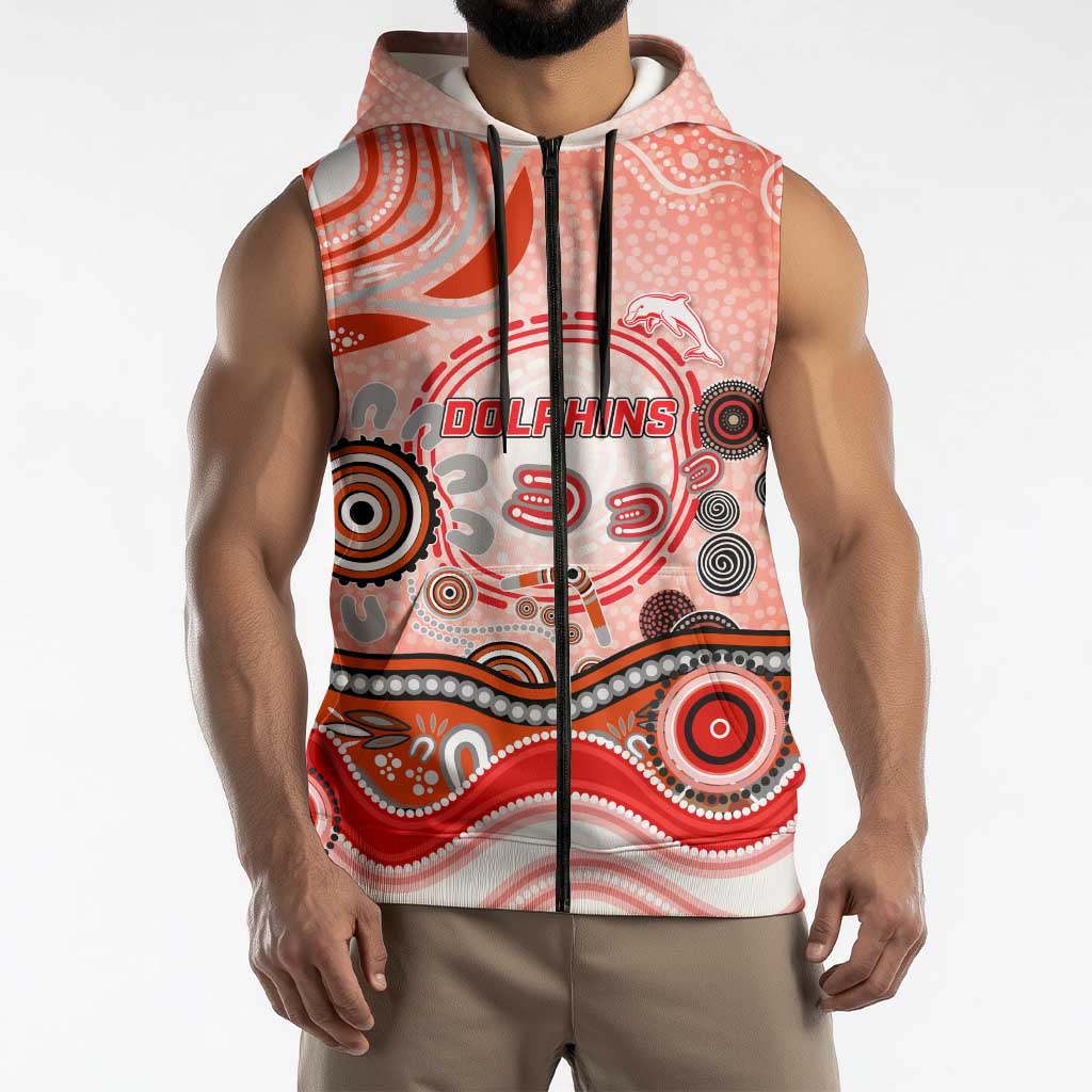 Dolphins Rugby Sleeveless Zip Hoodie Australian Aboriginal Dot Painting Style