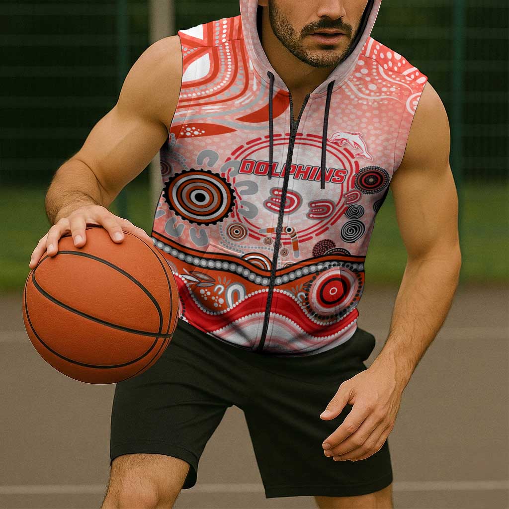 Dolphins Rugby Sleeveless Zip Hoodie Australian Aboriginal Dot Painting Style