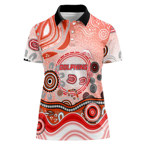 Dolphins Rugby Women Polo Shirt Australian Aboriginal Dot Painting Style
