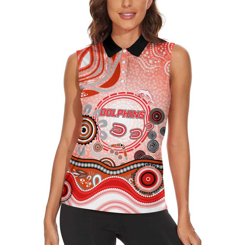 Dolphins Rugby Women Sleeveless Polo Shirt Australian Aboriginal Dot Painting Style