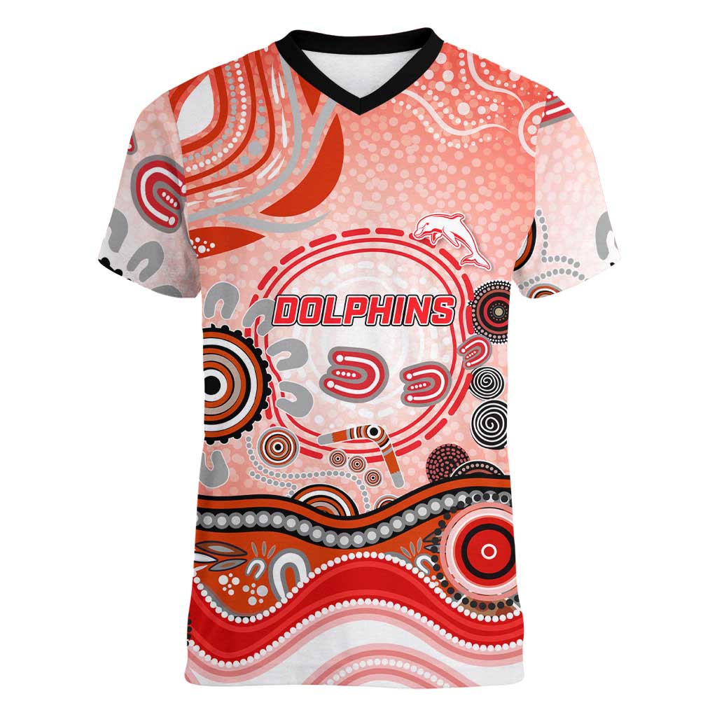 Dolphins Rugby Women V-Neck T-Shirt Australian Aboriginal Dot Painting Style