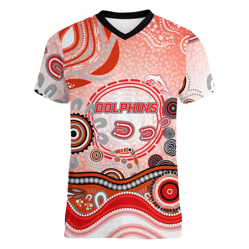 Dolphins Rugby Women V-Neck T-Shirt Australian Aboriginal Dot Painting Style