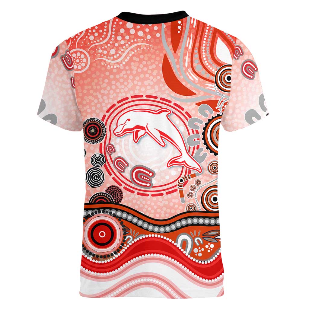Dolphins Rugby Women V-Neck T-Shirt Australian Aboriginal Dot Painting Style