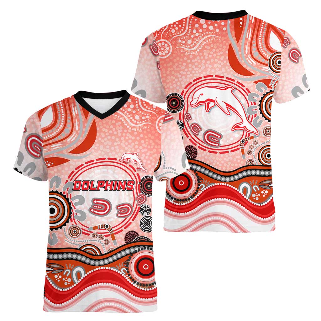 Dolphins Rugby Women V-Neck T-Shirt Australian Aboriginal Dot Painting Style