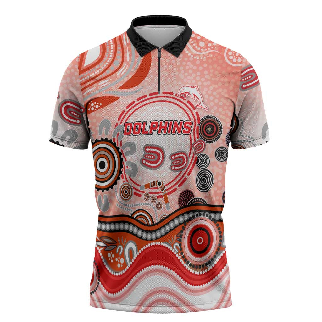 Dolphins Rugby Zipper Polo Shirt Australian Aboriginal Dot Painting Style