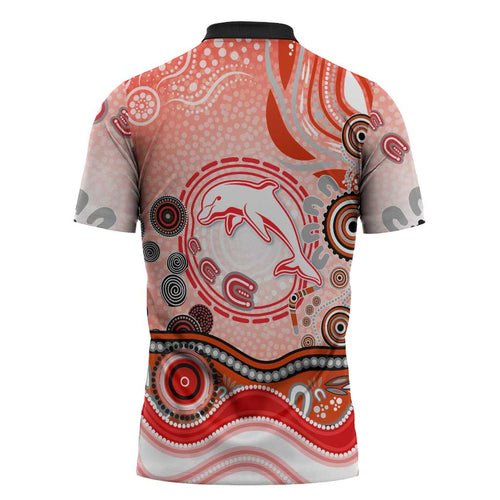 Dolphins Rugby Zipper Polo Shirt Australian Aboriginal Dot Painting Style