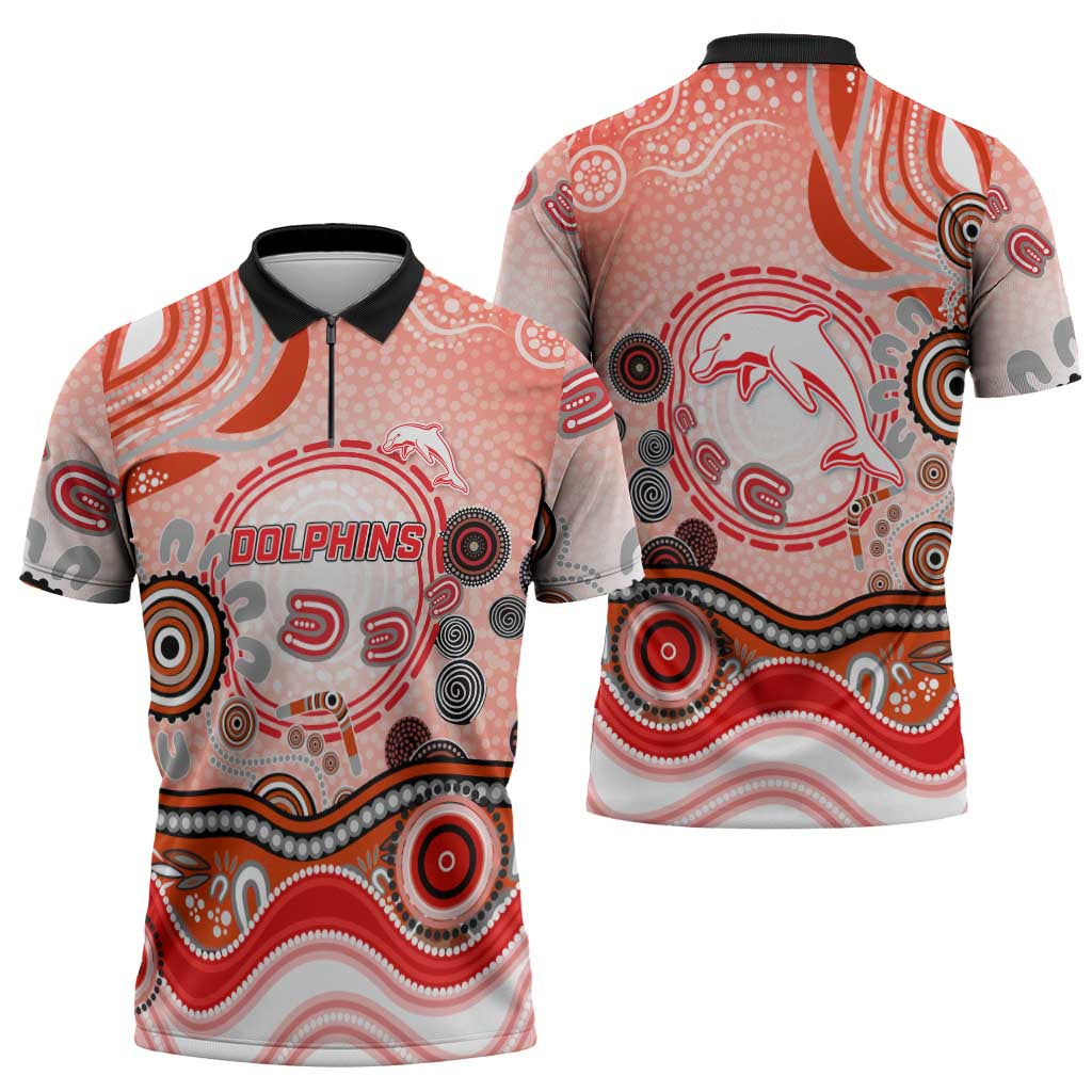 Dolphins Rugby Zipper Polo Shirt Australian Aboriginal Dot Painting Style