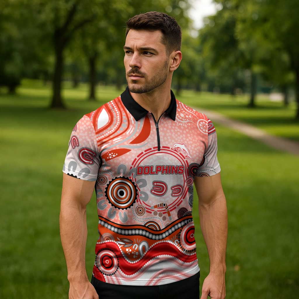Dolphins Rugby Zipper Polo Shirt Australian Aboriginal Dot Painting Style