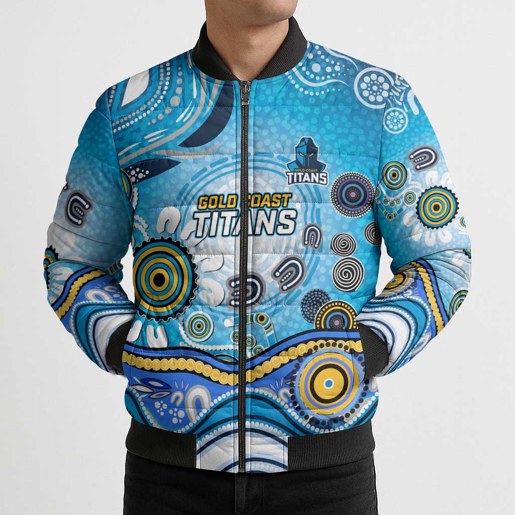 Gold Coast Titans Rugby Bomber Puffer Jacket Australian Aboriginal Dot Painting Style