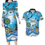 Gold Coast Titans Rugby Couples Matching Long Sleeve Bodycon Dress and Hawaiian Shirt Australian Aboriginal Dot Painting Style
