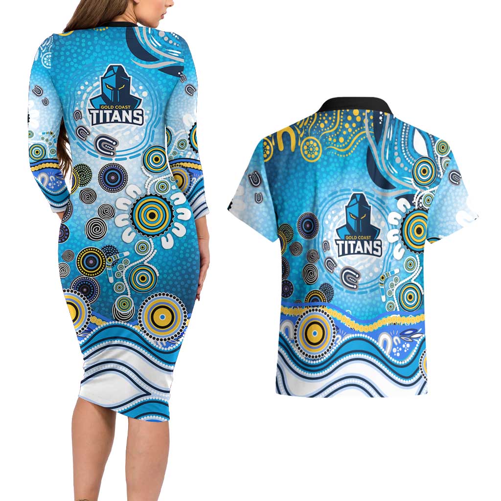 Gold Coast Titans Rugby Couples Matching Long Sleeve Bodycon Dress and Hawaiian Shirt Australian Aboriginal Dot Painting Style