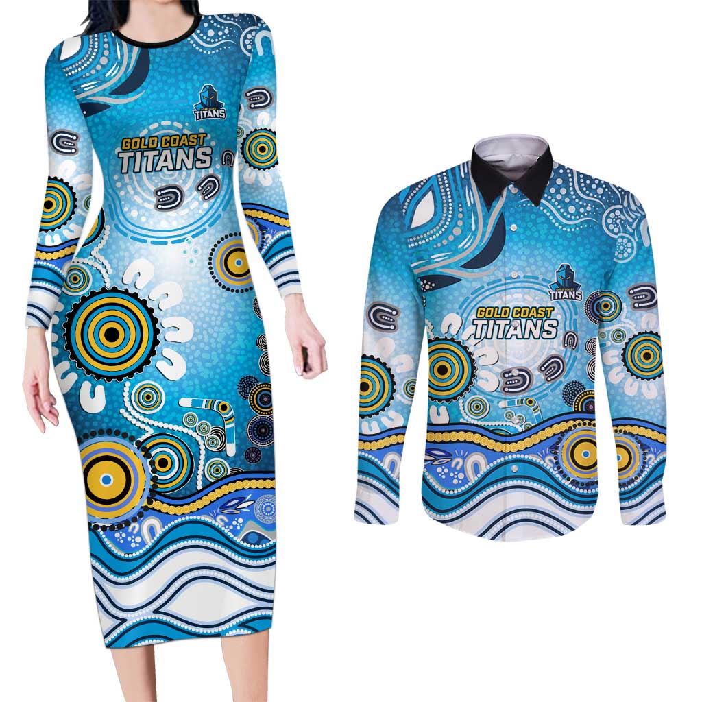 Gold Coast Titans Rugby Couples Matching Long Sleeve Bodycon Dress and Long Sleeve Button Shirt Australian Aboriginal Dot Painting Style