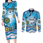 Gold Coast Titans Rugby Couples Matching Long Sleeve Bodycon Dress and Long Sleeve Button Shirt Australian Aboriginal Dot Painting Style