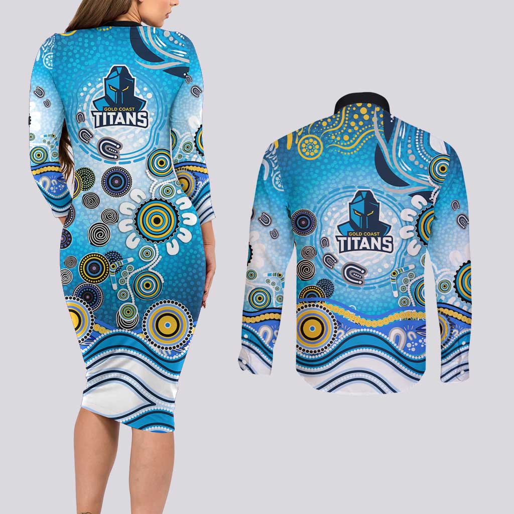 Gold Coast Titans Rugby Couples Matching Long Sleeve Bodycon Dress and Long Sleeve Button Shirt Australian Aboriginal Dot Painting Style