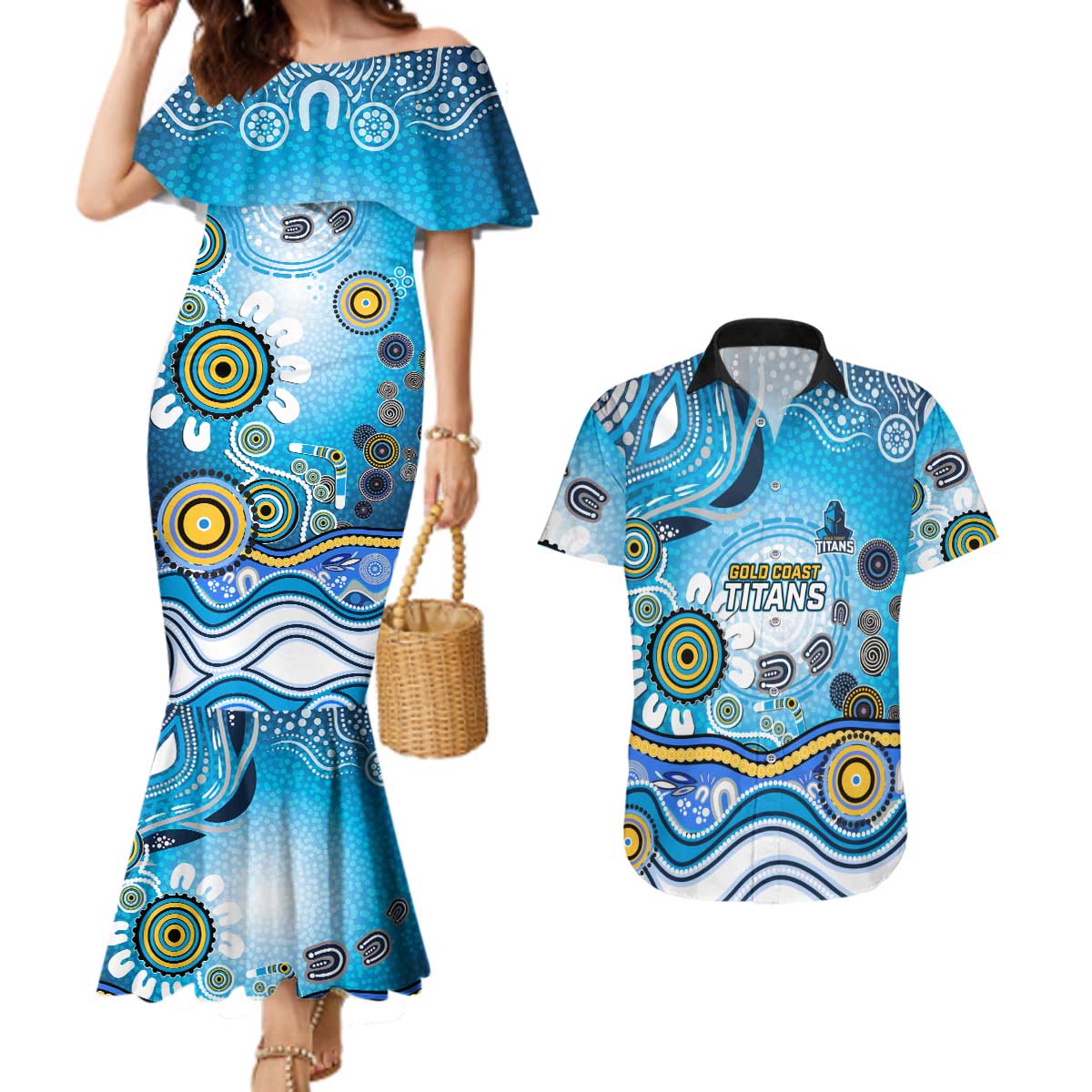 Gold Coast Titans Rugby Couples Matching Mermaid Dress and Hawaiian Shirt Australian Aboriginal Dot Painting Style