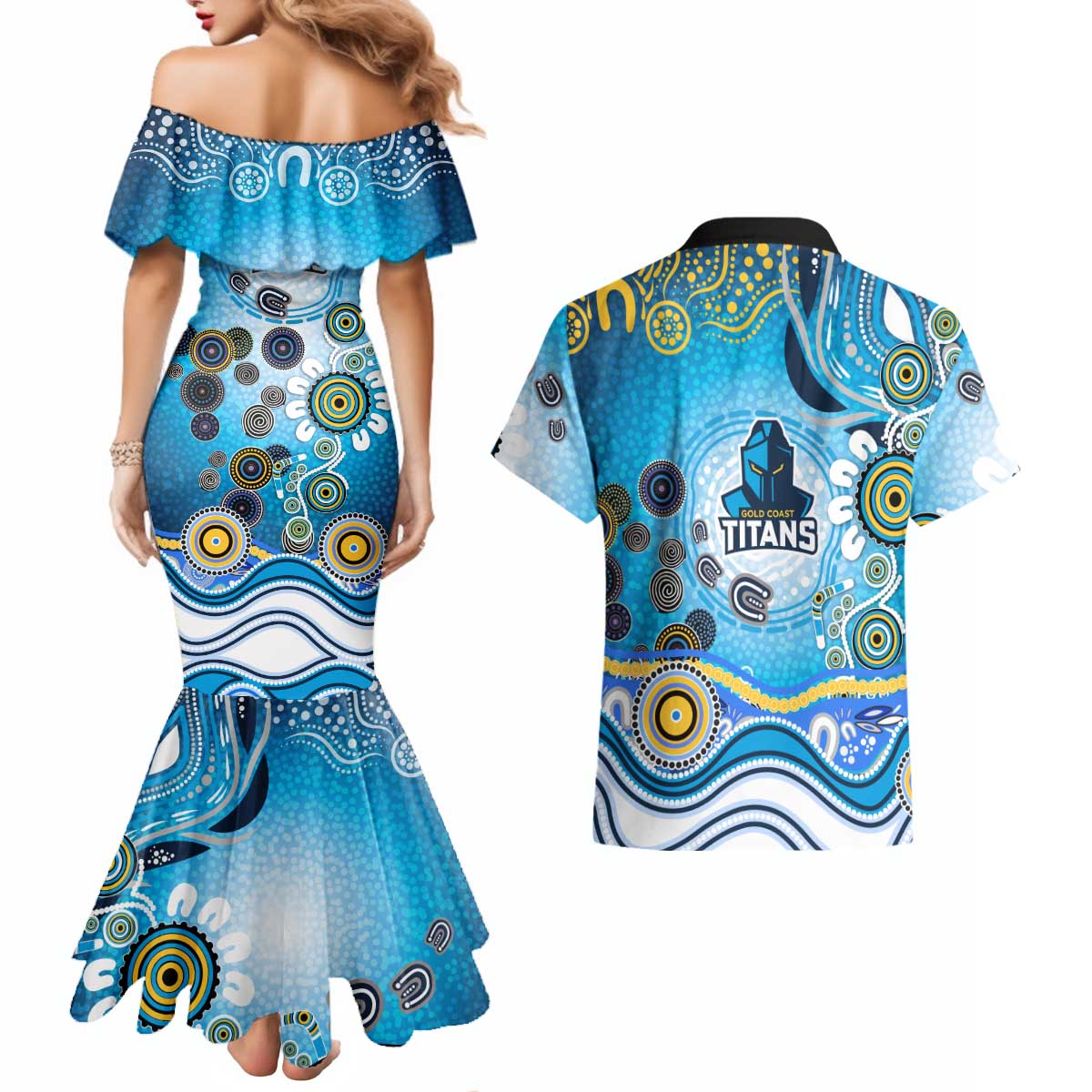 Gold Coast Titans Rugby Couples Matching Mermaid Dress and Hawaiian Shirt Australian Aboriginal Dot Painting Style