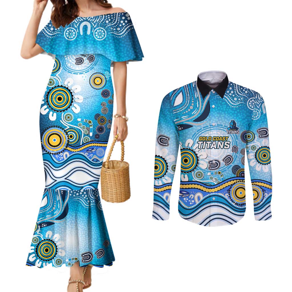 Gold Coast Titans Rugby Couples Matching Mermaid Dress and Long Sleeve Button Shirt Australian Aboriginal Dot Painting Style