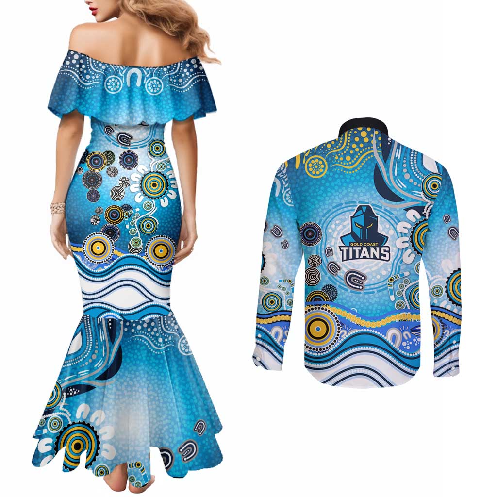 Gold Coast Titans Rugby Couples Matching Mermaid Dress and Long Sleeve Button Shirt Australian Aboriginal Dot Painting Style