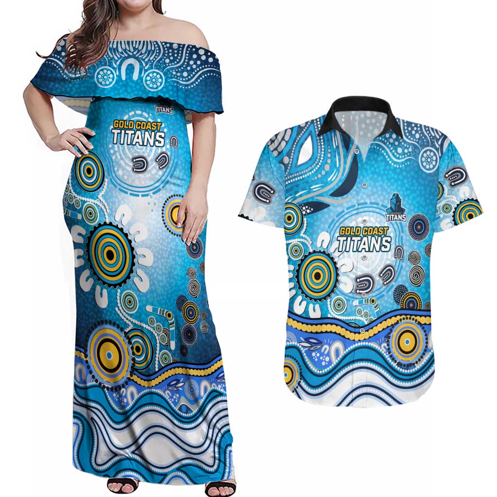 Gold Coast Titans Rugby Couples Matching Off Shoulder Maxi Dress and Hawaiian Shirt Australian Aboriginal Dot Painting Style