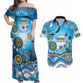 Gold Coast Titans Rugby Couples Matching Off Shoulder Maxi Dress and Hawaiian Shirt Australian Aboriginal Dot Painting Style