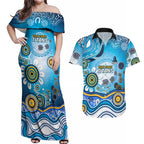 Gold Coast Titans Rugby Couples Matching Off Shoulder Maxi Dress and Hawaiian Shirt Australian Aboriginal Dot Painting Style