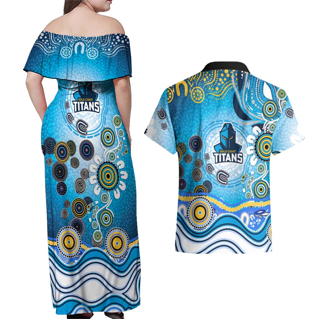 Gold Coast Titans Rugby Couples Matching Off Shoulder Maxi Dress and Hawaiian Shirt Australian Aboriginal Dot Painting Style