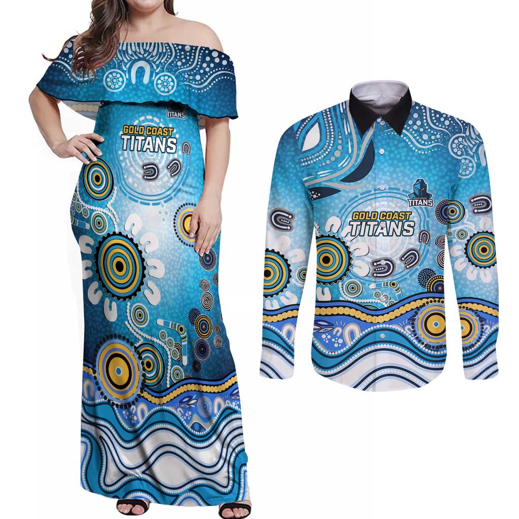Gold Coast Titans Rugby Couples Matching Off Shoulder Maxi Dress and Long Sleeve Button Shirt Australian Aboriginal Dot Painting Style