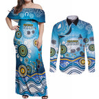 Gold Coast Titans Rugby Couples Matching Off Shoulder Maxi Dress and Long Sleeve Button Shirt Australian Aboriginal Dot Painting Style