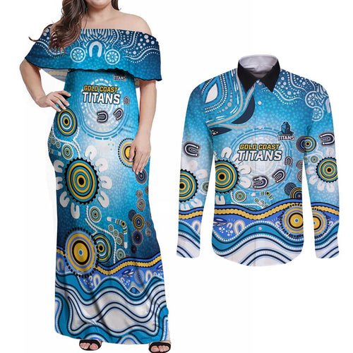 Gold Coast Titans Rugby Couples Matching Off Shoulder Maxi Dress and Long Sleeve Button Shirt Australian Aboriginal Dot Painting Style