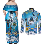 Gold Coast Titans Rugby Couples Matching Off Shoulder Maxi Dress and Long Sleeve Button Shirt Australian Aboriginal Dot Painting Style