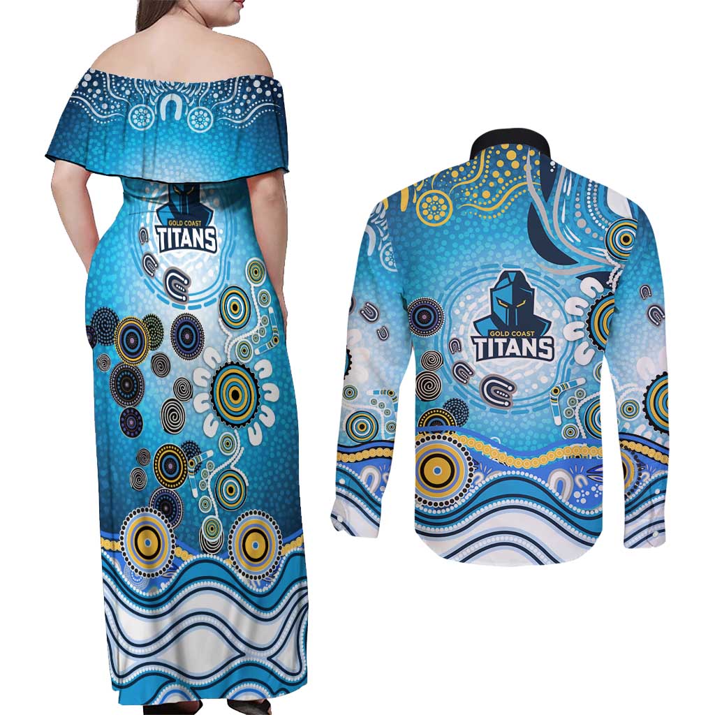Gold Coast Titans Rugby Couples Matching Off Shoulder Maxi Dress and Long Sleeve Button Shirt Australian Aboriginal Dot Painting Style