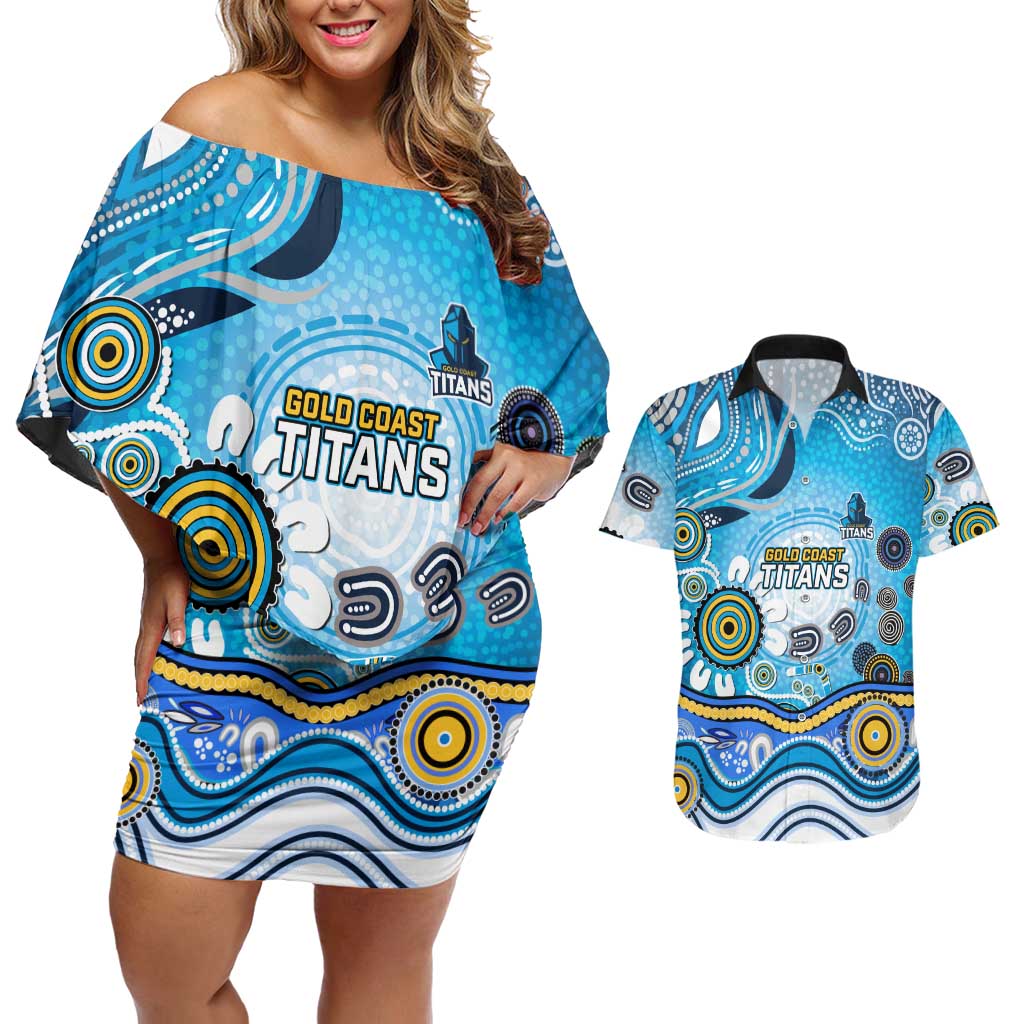 Gold Coast Titans Rugby Couples Matching Off Shoulder Short Dress and Hawaiian Shirt Australian Aboriginal Dot Painting Style