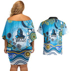 Gold Coast Titans Rugby Couples Matching Off Shoulder Short Dress and Hawaiian Shirt Australian Aboriginal Dot Painting Style