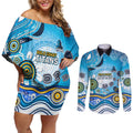Gold Coast Titans Rugby Couples Matching Off Shoulder Short Dress and Long Sleeve Button Shirt Australian Aboriginal Dot Painting Style
