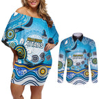 Gold Coast Titans Rugby Couples Matching Off Shoulder Short Dress and Long Sleeve Button Shirt Australian Aboriginal Dot Painting Style