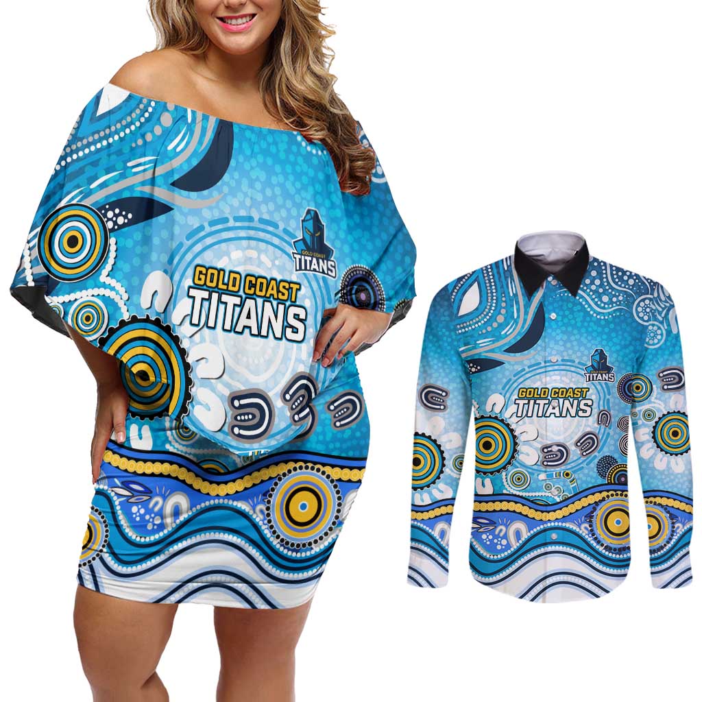 Gold Coast Titans Rugby Couples Matching Off Shoulder Short Dress and Long Sleeve Button Shirt Australian Aboriginal Dot Painting Style