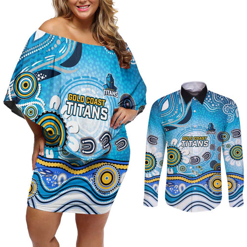 Gold Coast Titans Rugby Couples Matching Off Shoulder Short Dress and Long Sleeve Button Shirt Australian Aboriginal Dot Painting Style