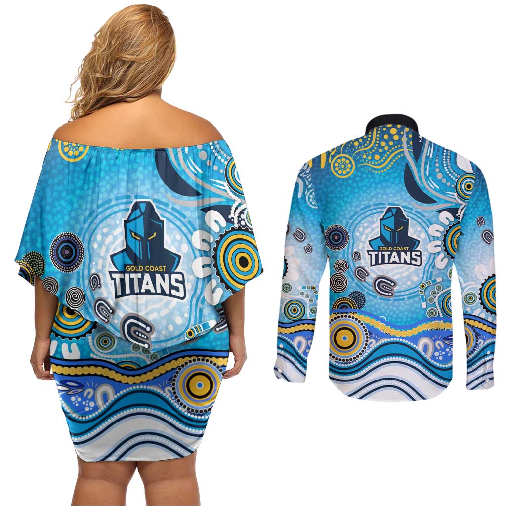 Gold Coast Titans Rugby Couples Matching Off Shoulder Short Dress and Long Sleeve Button Shirt Australian Aboriginal Dot Painting Style