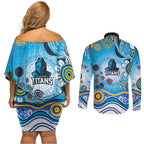 Gold Coast Titans Rugby Couples Matching Off Shoulder Short Dress and Long Sleeve Button Shirt Australian Aboriginal Dot Painting Style