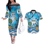 Gold Coast Titans Rugby Couples Matching Off The Shoulder Long Sleeve Dress and Hawaiian Shirt Australian Aboriginal Dot Painting Style