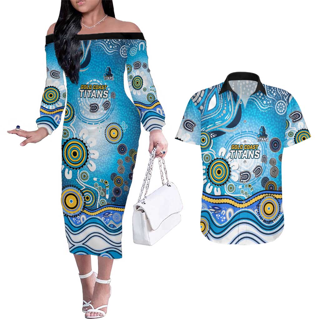 Gold Coast Titans Rugby Couples Matching Off The Shoulder Long Sleeve Dress and Hawaiian Shirt Australian Aboriginal Dot Painting Style