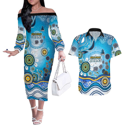 Gold Coast Titans Rugby Couples Matching Off The Shoulder Long Sleeve Dress and Hawaiian Shirt Australian Aboriginal Dot Painting Style