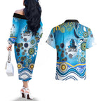 Gold Coast Titans Rugby Couples Matching Off The Shoulder Long Sleeve Dress and Hawaiian Shirt Australian Aboriginal Dot Painting Style