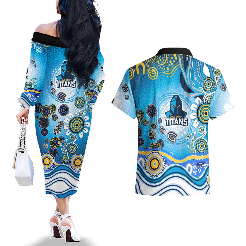Gold Coast Titans Rugby Couples Matching Off The Shoulder Long Sleeve Dress and Hawaiian Shirt Australian Aboriginal Dot Painting Style
