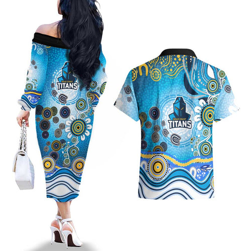 Gold Coast Titans Rugby Couples Matching Off The Shoulder Long Sleeve Dress and Hawaiian Shirt Australian Aboriginal Dot Painting Style