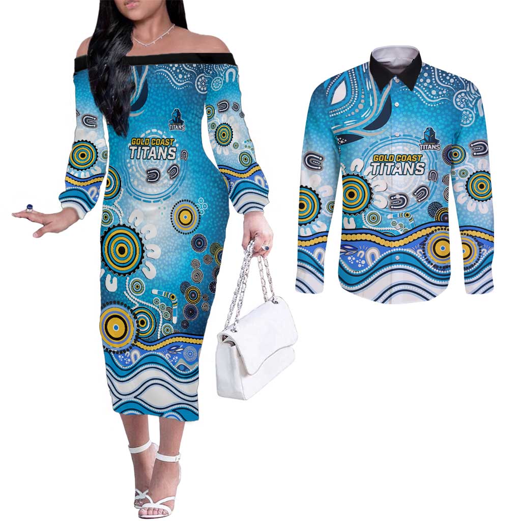 Gold Coast Titans Rugby Couples Matching Off The Shoulder Long Sleeve Dress and Long Sleeve Button Shirt Australian Aboriginal Dot Painting Style