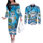 Gold Coast Titans Rugby Couples Matching Off The Shoulder Long Sleeve Dress and Long Sleeve Button Shirt Australian Aboriginal Dot Painting Style