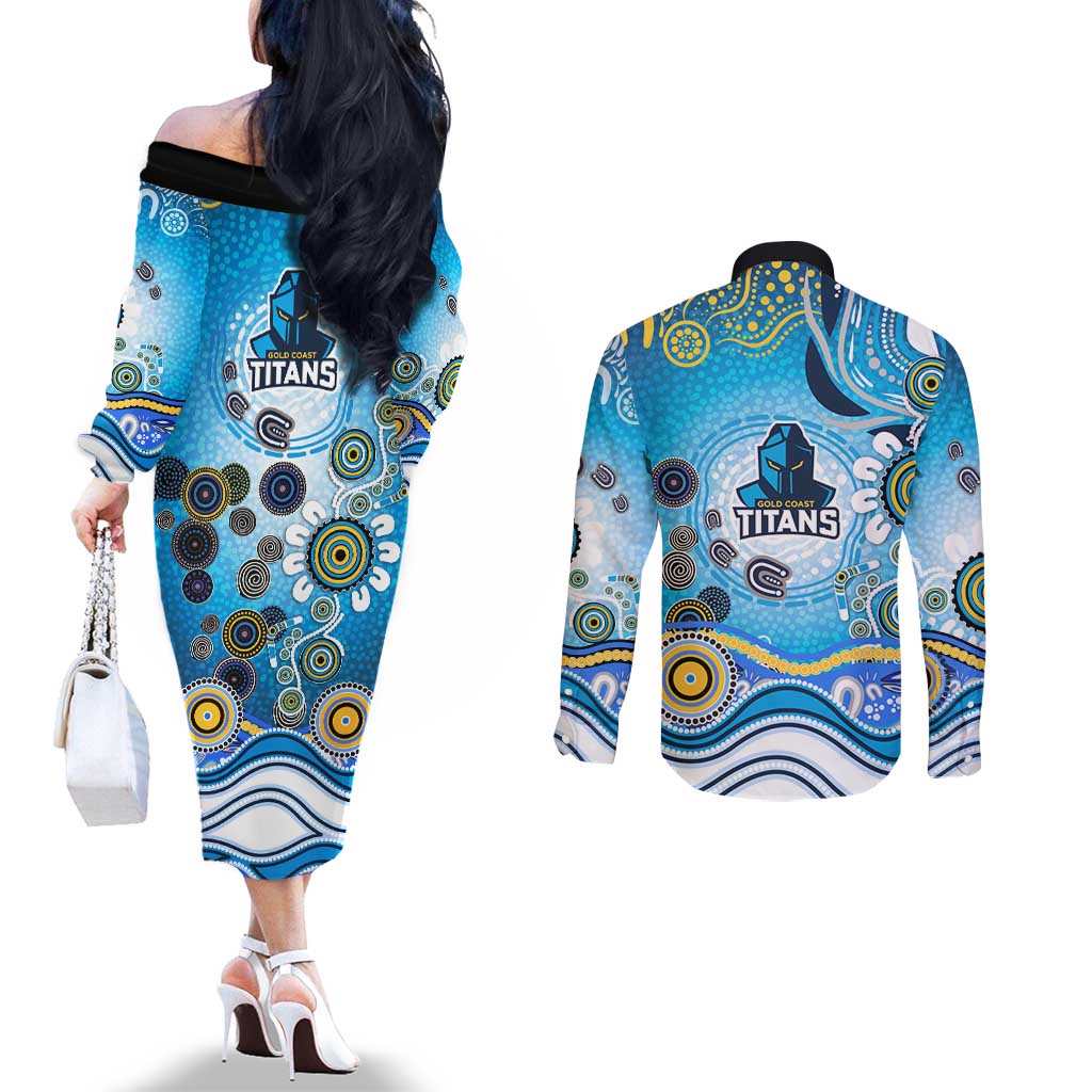 Gold Coast Titans Rugby Couples Matching Off The Shoulder Long Sleeve Dress and Long Sleeve Button Shirt Australian Aboriginal Dot Painting Style