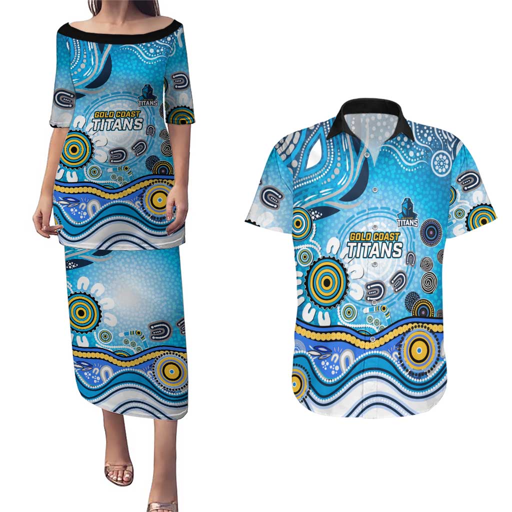 Gold Coast Titans Rugby Couples Matching Puletasi and Hawaiian Shirt Australian Aboriginal Dot Painting Style